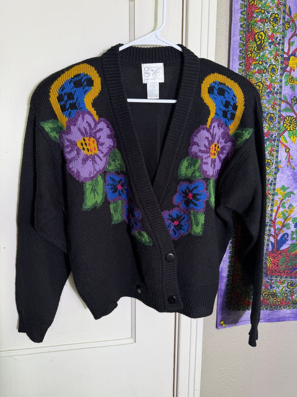 Good Work Clothes Wool Blend Cardigan L Horseshoe Floral Western Black Sweater